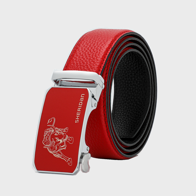 代发SHERIDAN喜来登男士头层牛皮自动扣开门红腰带NL210552S