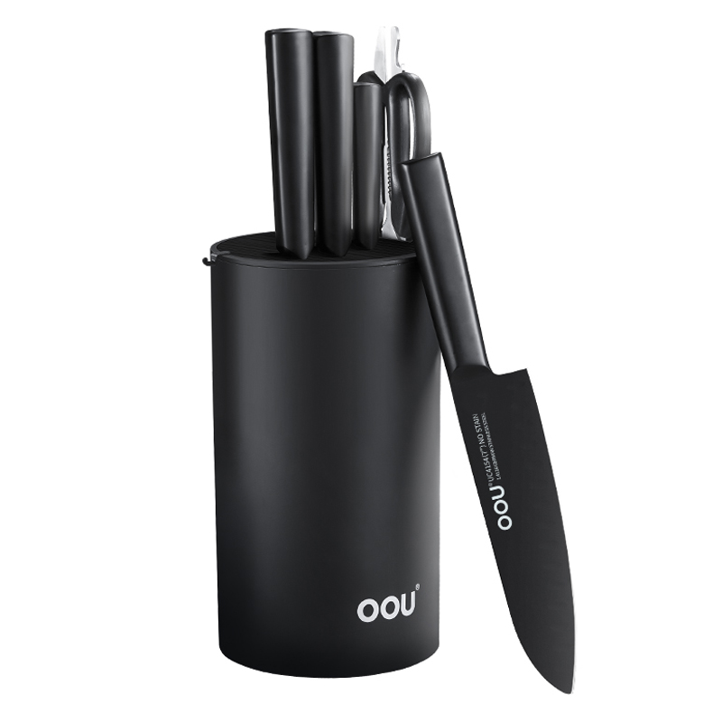 OOU黑刃三代抗菌七件套+乌檀木PP双面抗菌菜板(大号)厨房专用菜刀切菜板组合厨具全套切菜刀家用