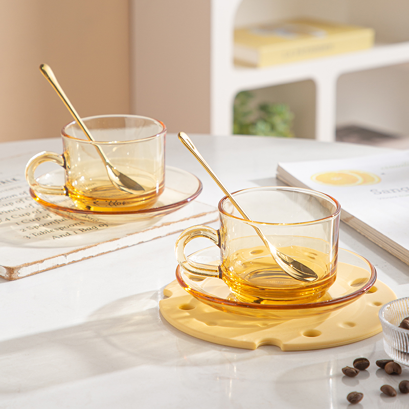 杜邦DUPONT星芒水具6件套PSJ-706耐热高硼硅玻璃下午茶咖啡杯碟勺套装家用高颜值 琥珀色 杯碟勺6件套