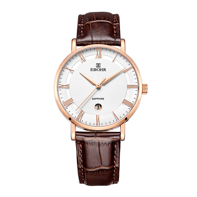 依波大师系列 罗马字钉日历防水牛皮表带  皮带白盘 36000234