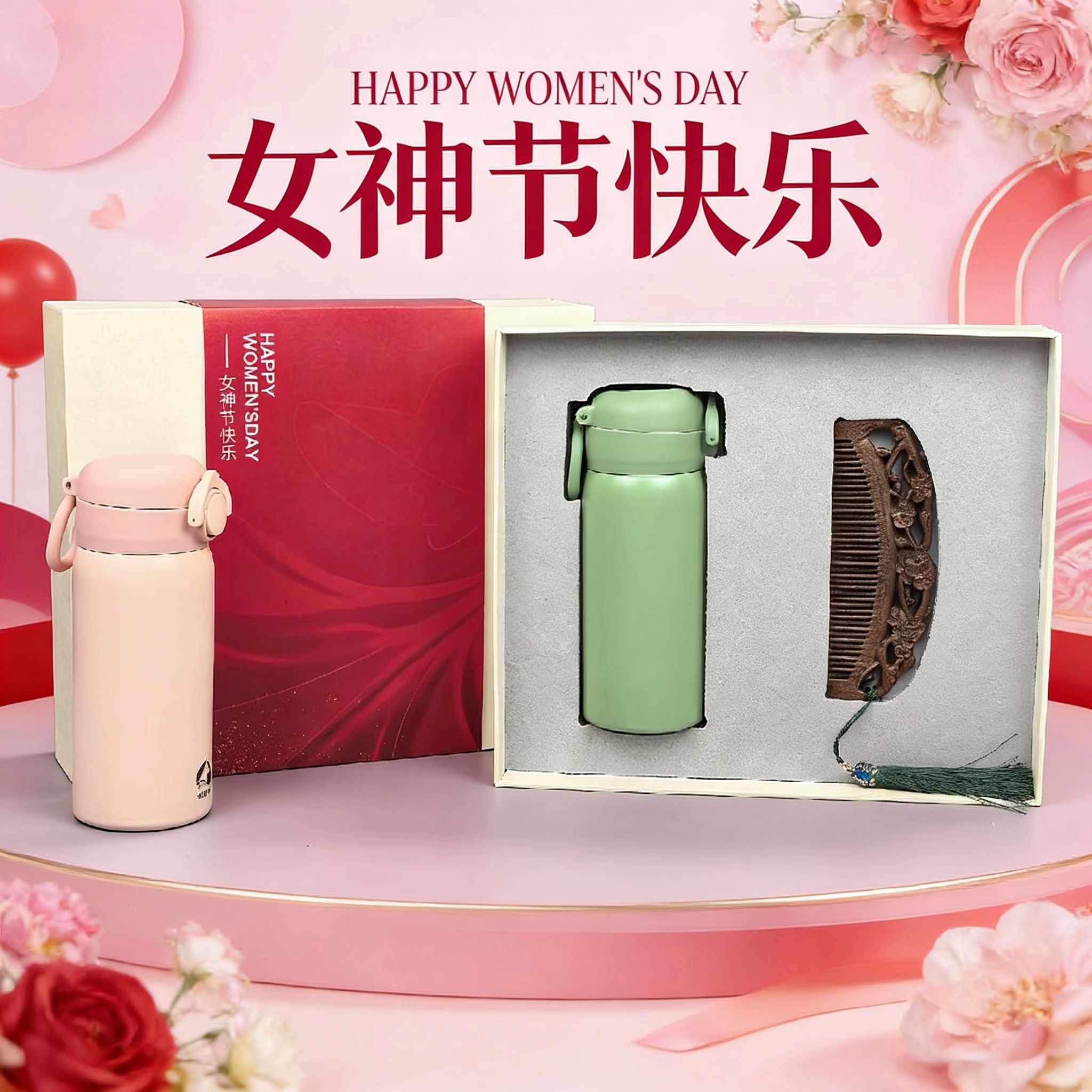 源头福礼掌柜三八女神节芳华纪提手保温杯檀木雕花梳礼盒组合