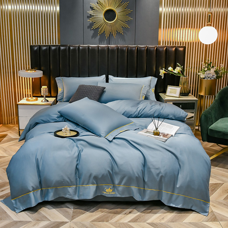 代发啄木鸟（PLOVER）水洗真丝绣花四件套-宾利蓝KUUP-SXTJ-01（适合1.8M/1.5M床）