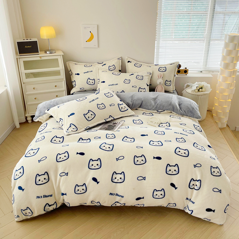 代发啄木鸟（PLOVER）牛奶绒四件套-猫的鱼ZMN-NNR018（适合1.8M/1.5M床）