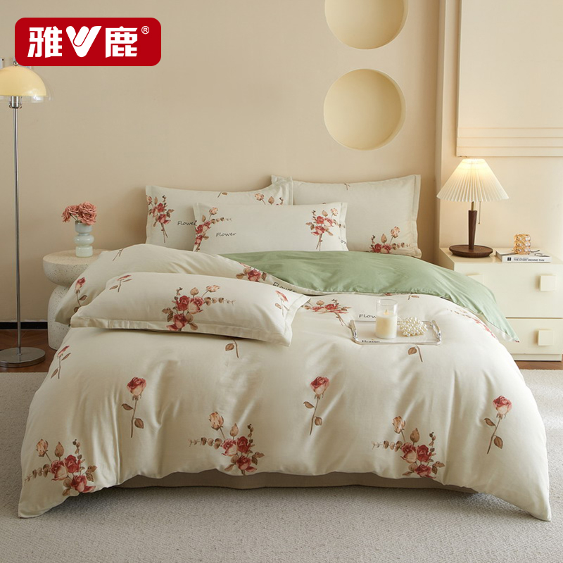 雅鹿全棉印花四件套 YLTJ098 玫瑰与丝-白