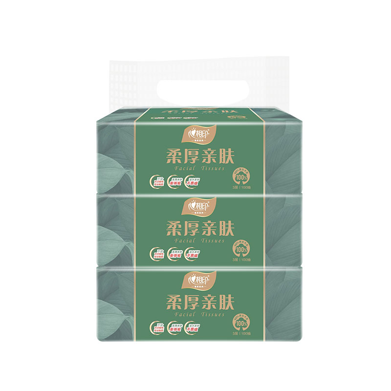 3DT100（包装）心相印商用柔厚亲肤三层100抽塑装纸面巾3包*1提