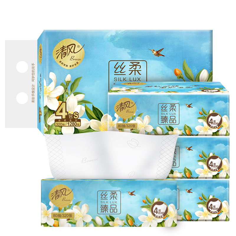 清风丝柔臻品4层80抽/包*4包/提*1提抽取式面巾纸
